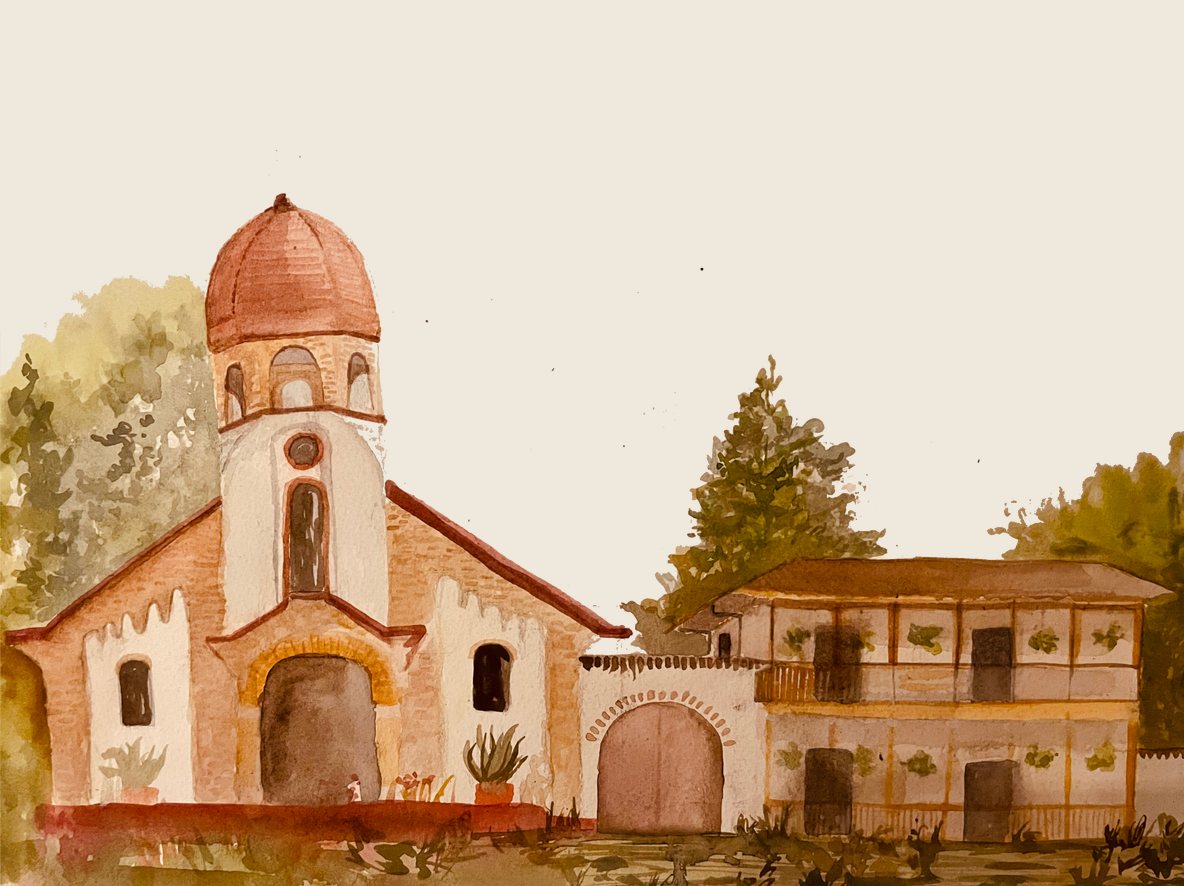 Watercolor illustration of a colonial church