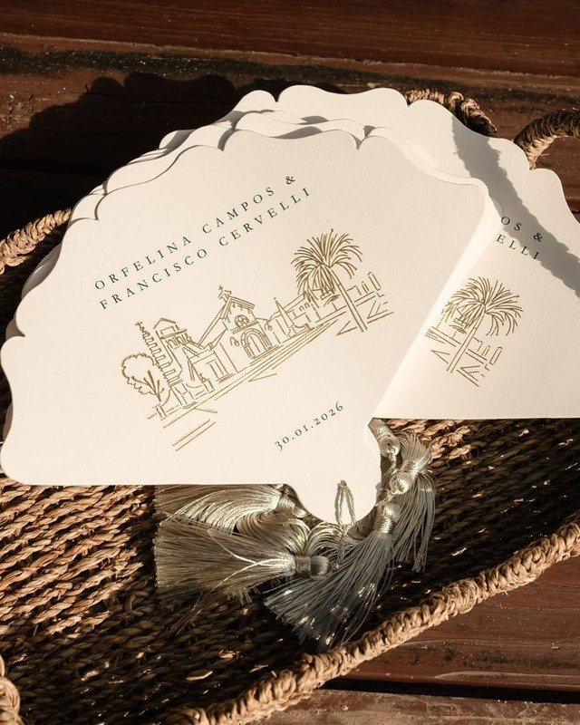 Illustrated wedding menu with a venue drawing