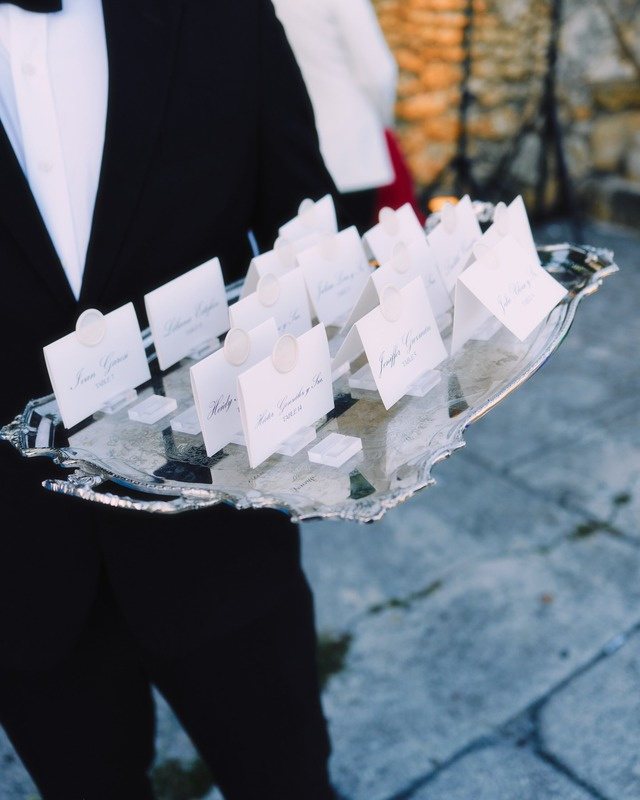 Wedding place cards served on a silver tray